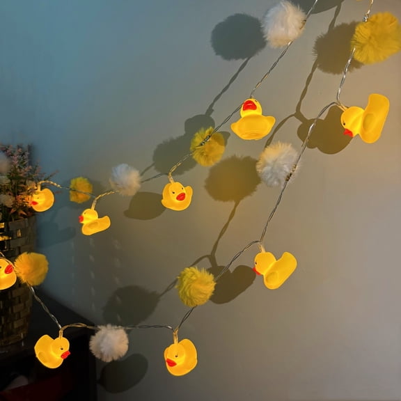 Cute Yellow Duck Decor String Lights,Little Ducklings Pom Poms Colorful Decor Party Fairy Lights,1.65M 10LEDs, Battery Powered
