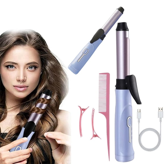 Soapow Cordless Curling Iron, Portable Travel Hair Curler Usb Rechargeable, Ceramic Curling Iron with 3 Temp Setting for Travel, All Hair, for Men and Women Purple