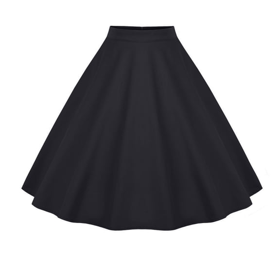 Women Retro A Line Pleated Midi Skirt Solid Cocktail Swing Skirt High Waist Knee Length Flared Skirt Black L