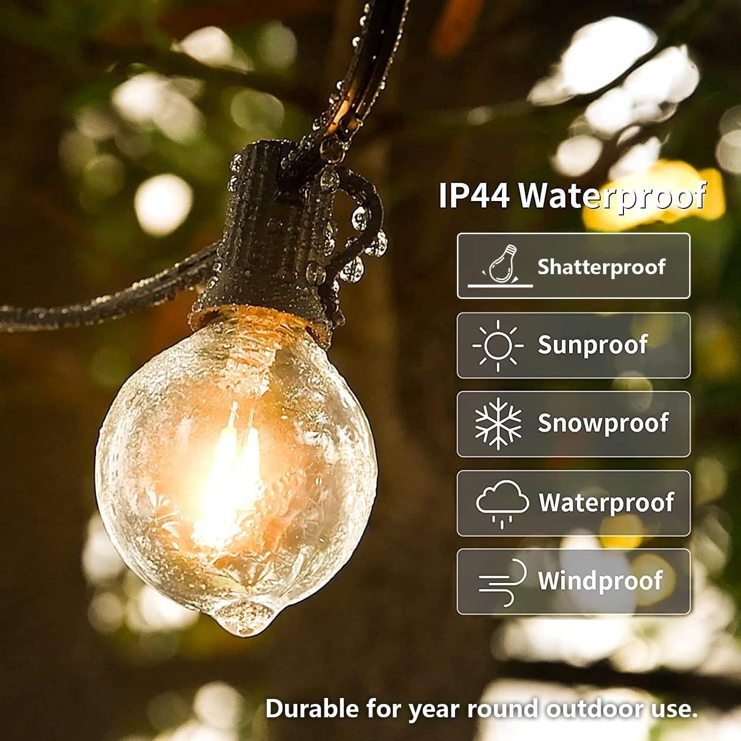 Yuucio Outdoor String Lights 50ft, G40 Led Patio Lights with 26pcs Bulbs,Waterproof Shatterproof Dimmable Hanging