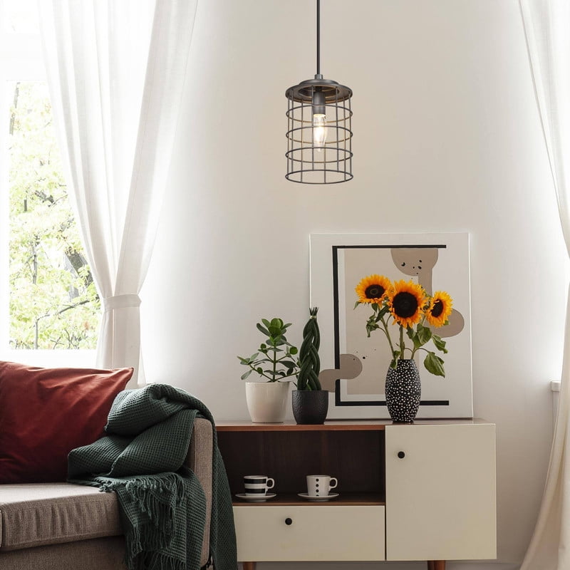 LNC Prosody Industrial Cage Pendant Light in Brushed Silver, Adjustable Hanging Fixture