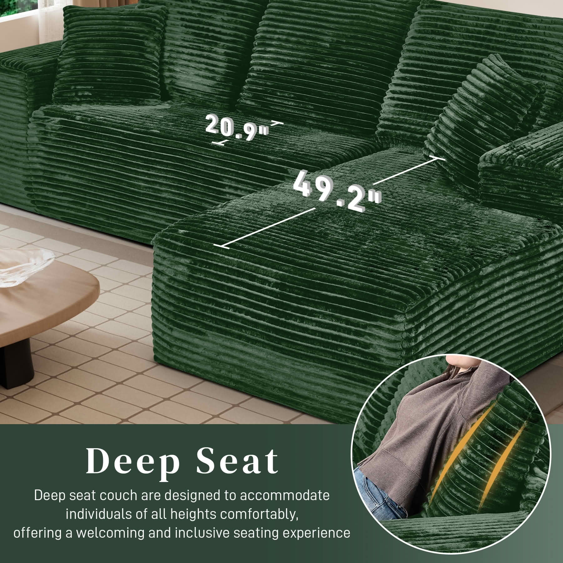 MAYEERTY 107-Inch Green Faux Rabbit Hair Corduroy 6-Seat L-Shaped Modular Cloud Sofa, Minimalist Deep Seat Sleeper Sectional with Recliner, No Assembly Required