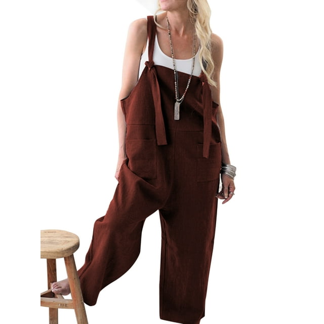Mono holgado de lino y algodón para mujer, mono con tirantes, monos, pantalones largos sin mangas con bolsillos holgados para mujer