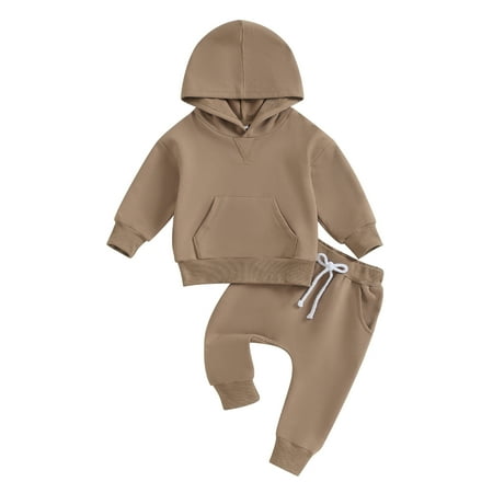 

0-3Y Autumn Baby Boys Girls Clothes Sets 6M 12M 18M 24M 3Y 2pcs Solid Color Long Sleeve Hooded Pullover Tops Elastic Waist Pants