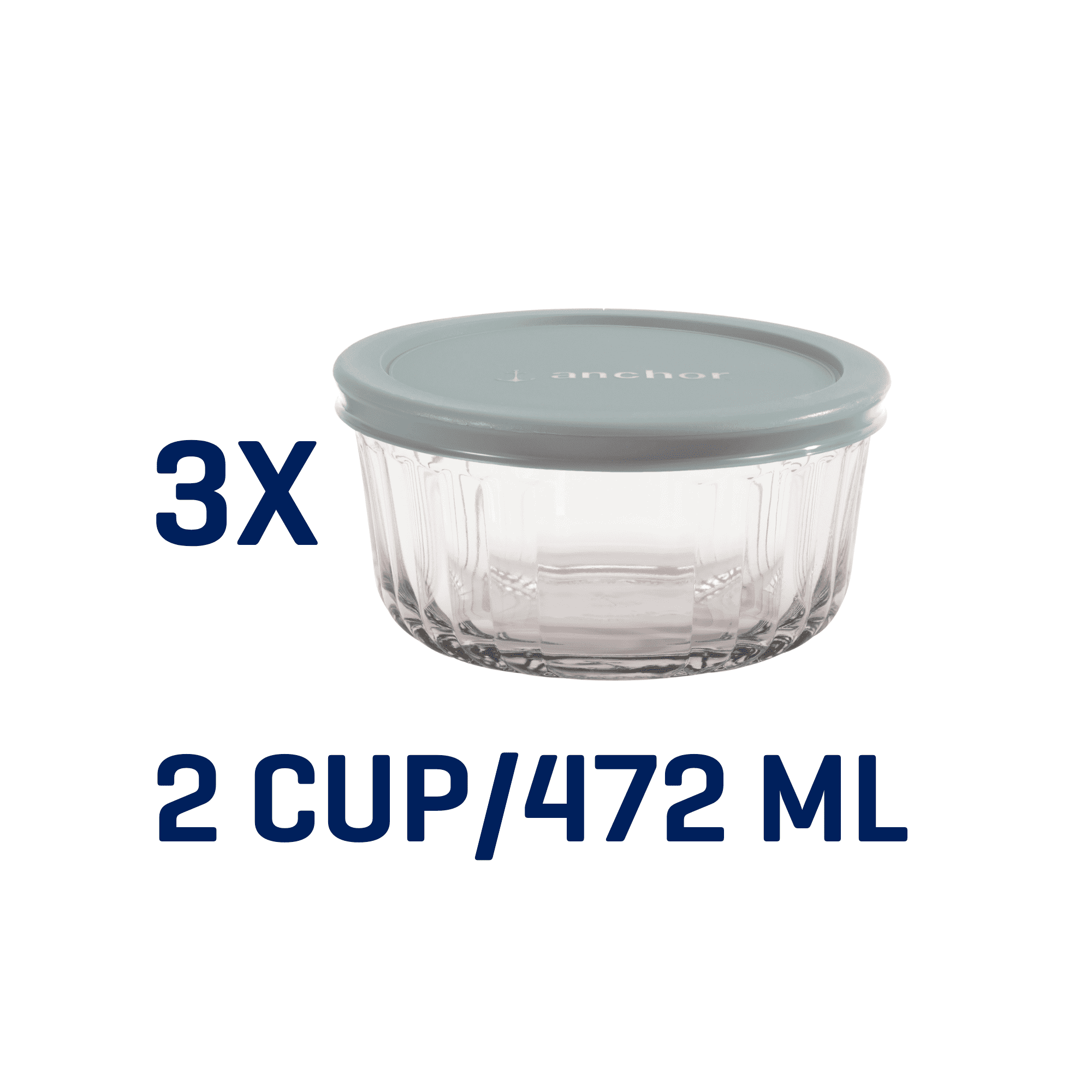 (6 pack) Anchor Hocking Sculpted Glass Food Storage Container with Lids, 2 Cup Round, Set of 3