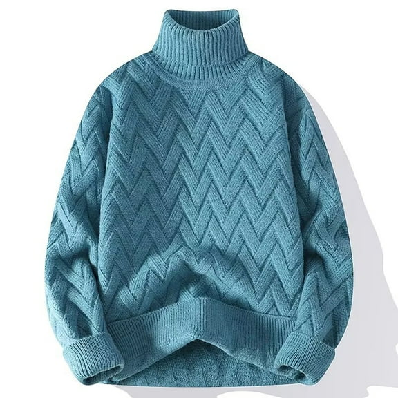 Men Turtleneck Long Sleeve Sweater Fall Winter High Neck Top Casual Loose Fit Warm Cable Knit Pullover Sweaters for Men Solid Basic Soft Comfortable Sweaters, Blue (Large)