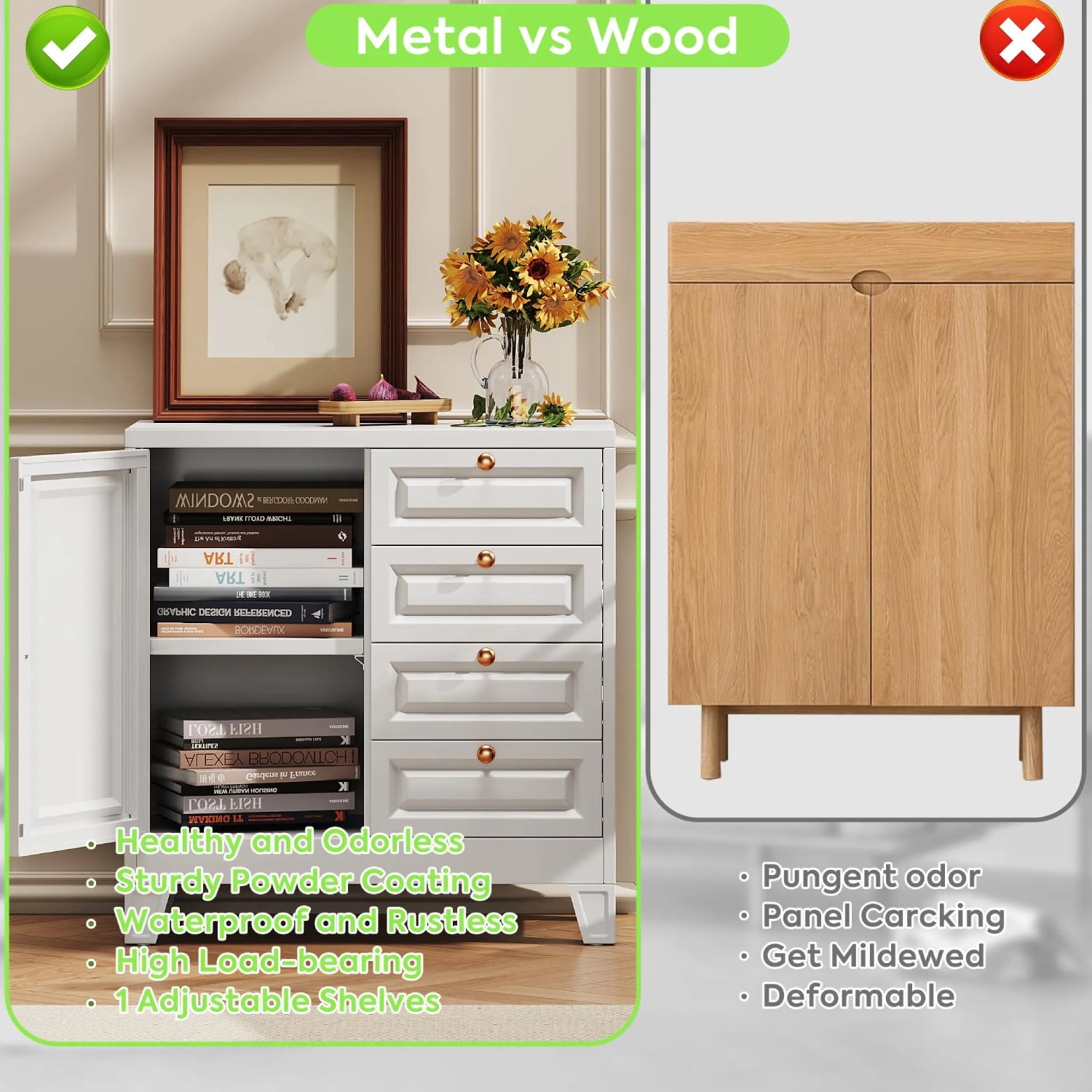 Bathroom Floor Cabinet, Wooden Storage Organizer with 4 Drawers & 1 Door, Free-Standing Cupboard for Bathroom & Kitchen, White