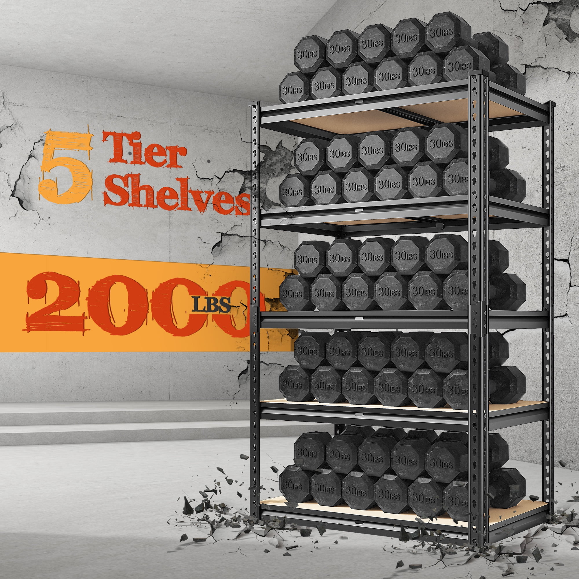 REIBII 2000LBS Garage Shelving 5-Shelf Boltless Storage Shelf Unit, Holds up to 400 lb Per Shelf