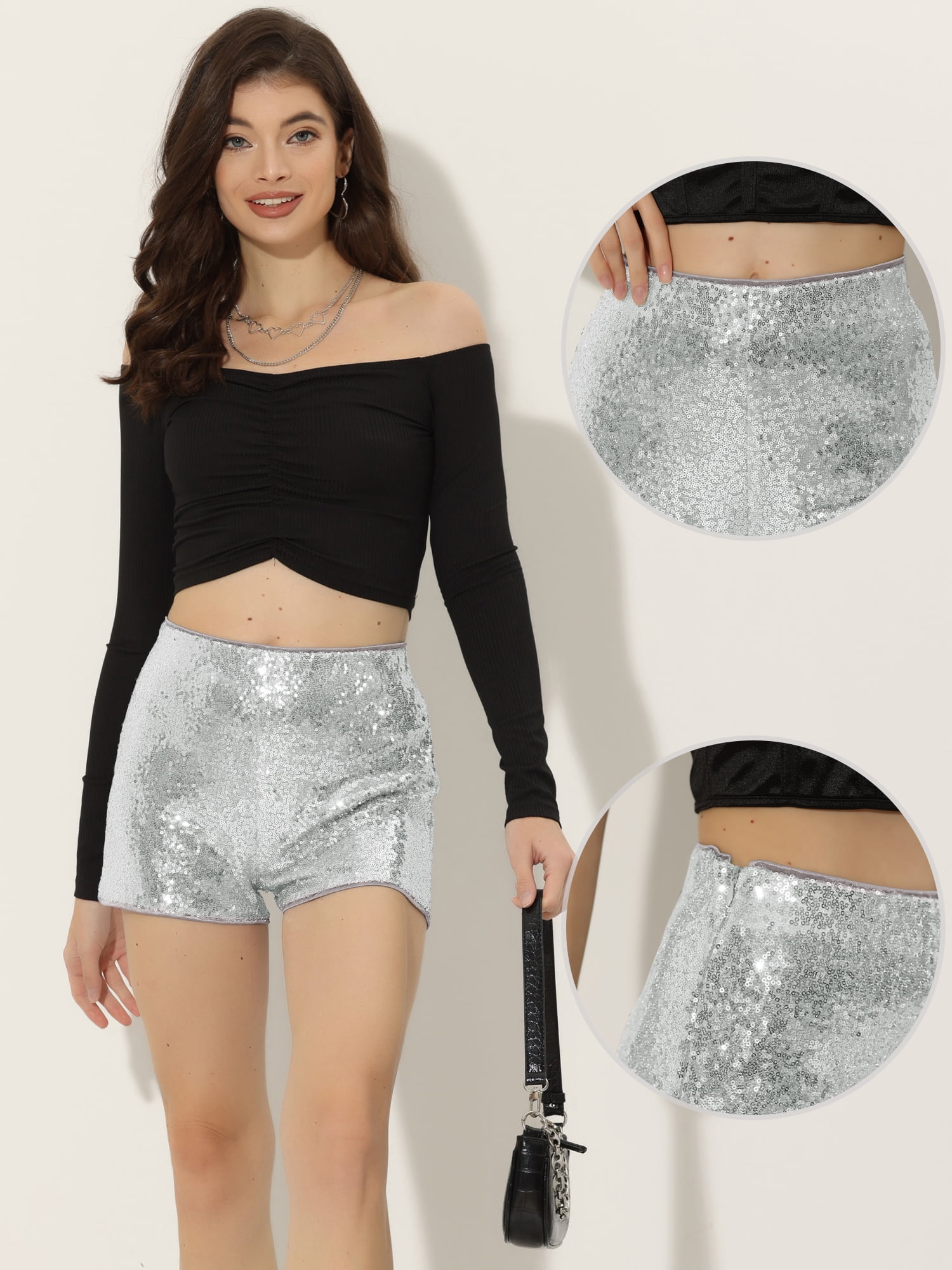 DARING DIVA Women's Midrise Solid Sparkle Coctail Sequin Shorts M Silver
