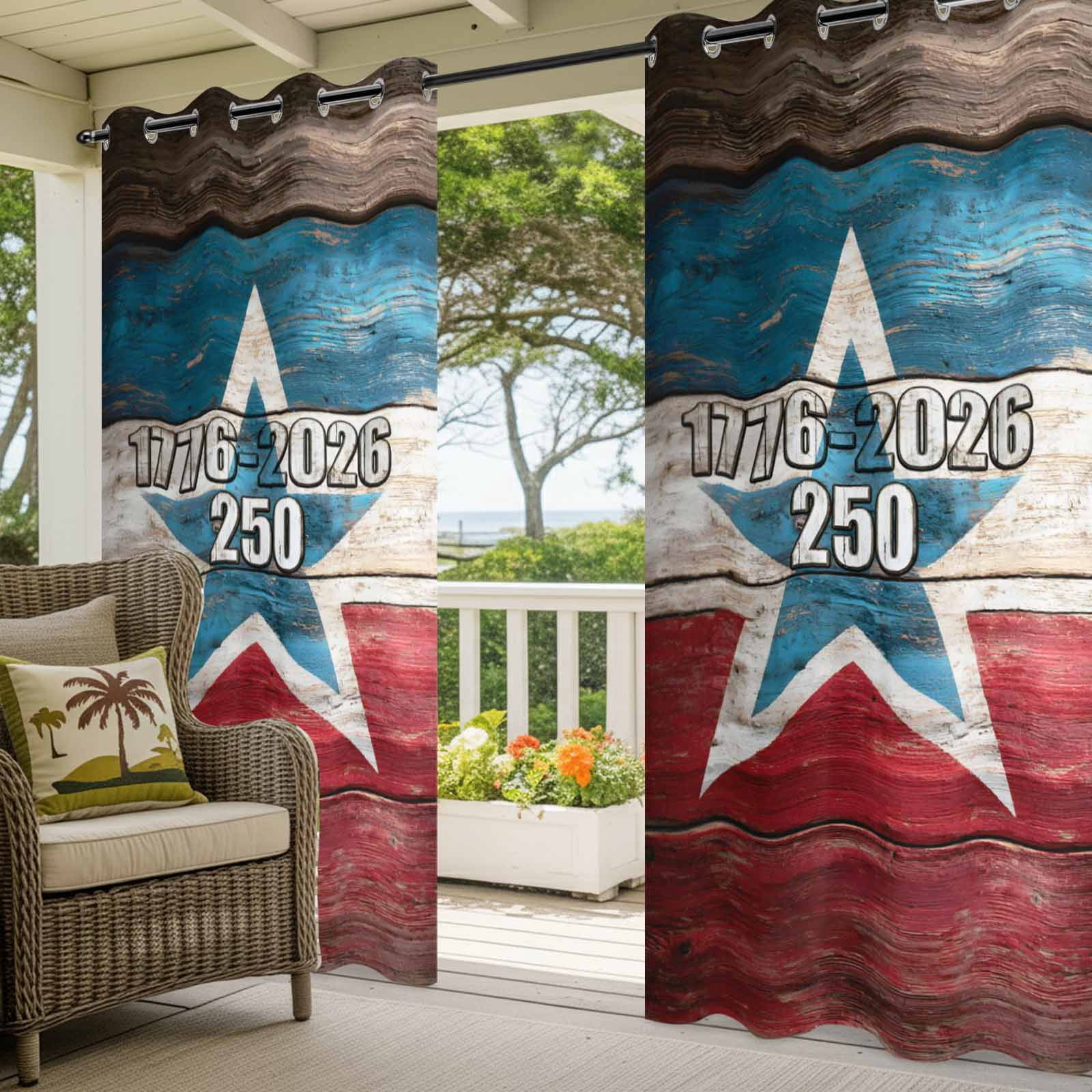 Independence Day Outdoor Curtains for Patio, America Years Vintage Country Red Blue Wood Grain Sunshade Privacy Drapes Grommet Waterproof Outside Curtains for Porch/Cabana/Balcony 54"x 108", 1 Panel