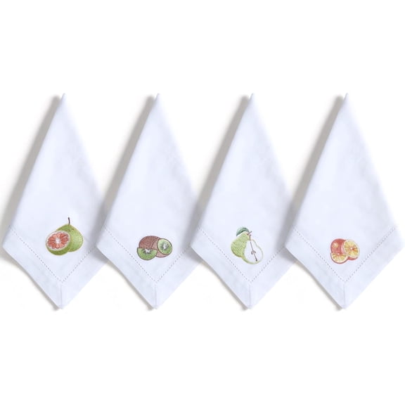Bedding Craft Embroidered Fruit Motif Design Cotton Dinner Napkins, Set of 12, 18"x18"