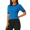 thumbnail image 4 of Unique Bargains Haut Ajusté en Tricot pour Femmes Col Rond Contraste Couleur Manches Courtes Pull Bleu TG, 4 of 6