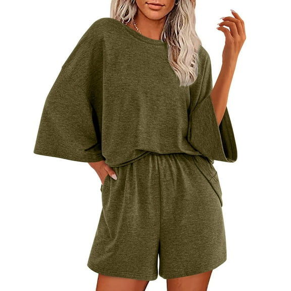 Viluyesy Tops Elastic Waist Short Pants 2PC Women Round Neck T-Shirt and Shorts Set Tight Shirt and Shorts Sets Two PC Army Green Size M