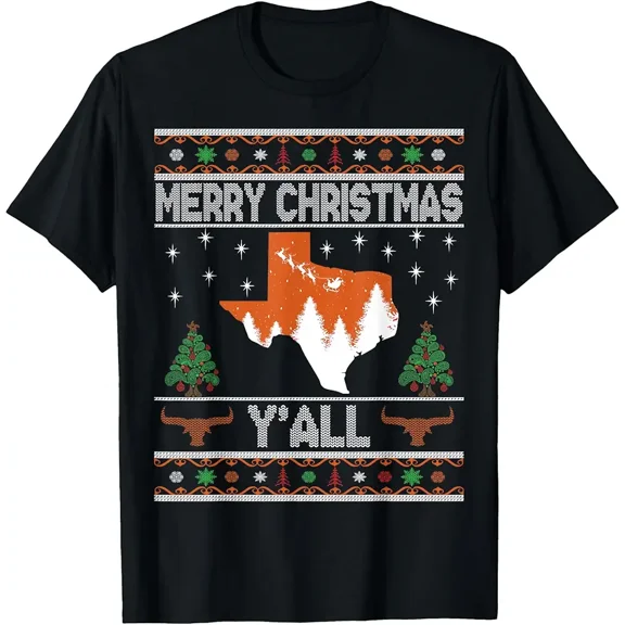 Texas Longhorn Merry Xmas Yall Ugly Sweater Style Unisex T-Shirt up to Size 5XL