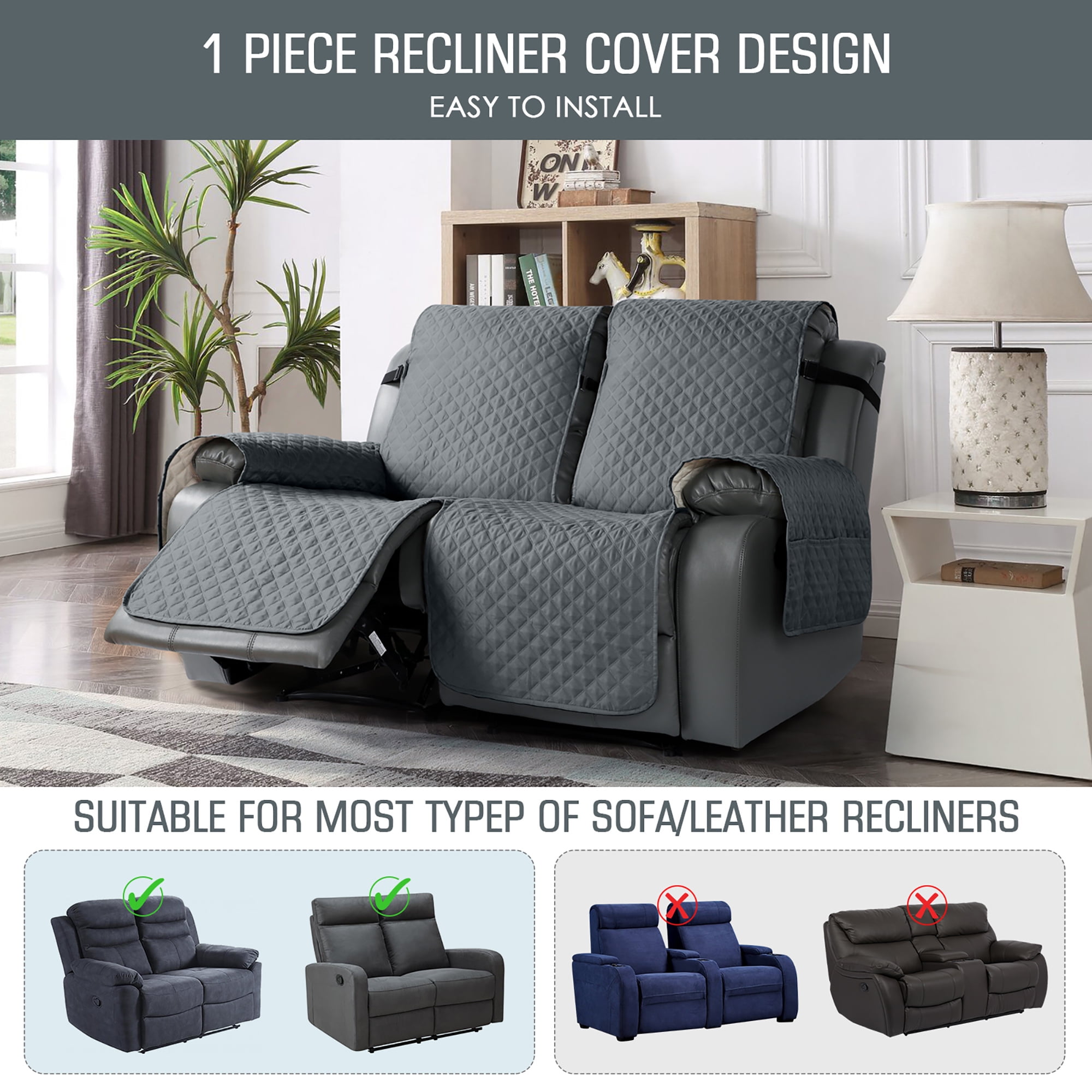 TAOCOCO Anti-Slip Loveseat Recliner Slipcover,2-Seat Sofa Cover Qulited Recliner Couch Covers Dark Gray