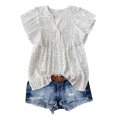 thumbnail image 1 of Tops de Color Sólido para las Mujeres Blusas de Cuello en V Manga Corta Plisada, Botón de Moda Casual, 1 of 9