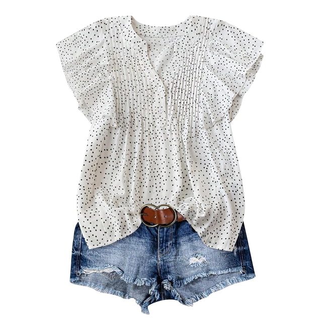 Tops de Color Sólido para las Mujeres Blusas de Cuello en V Manga Corta Plisada, Botón de Moda Casual