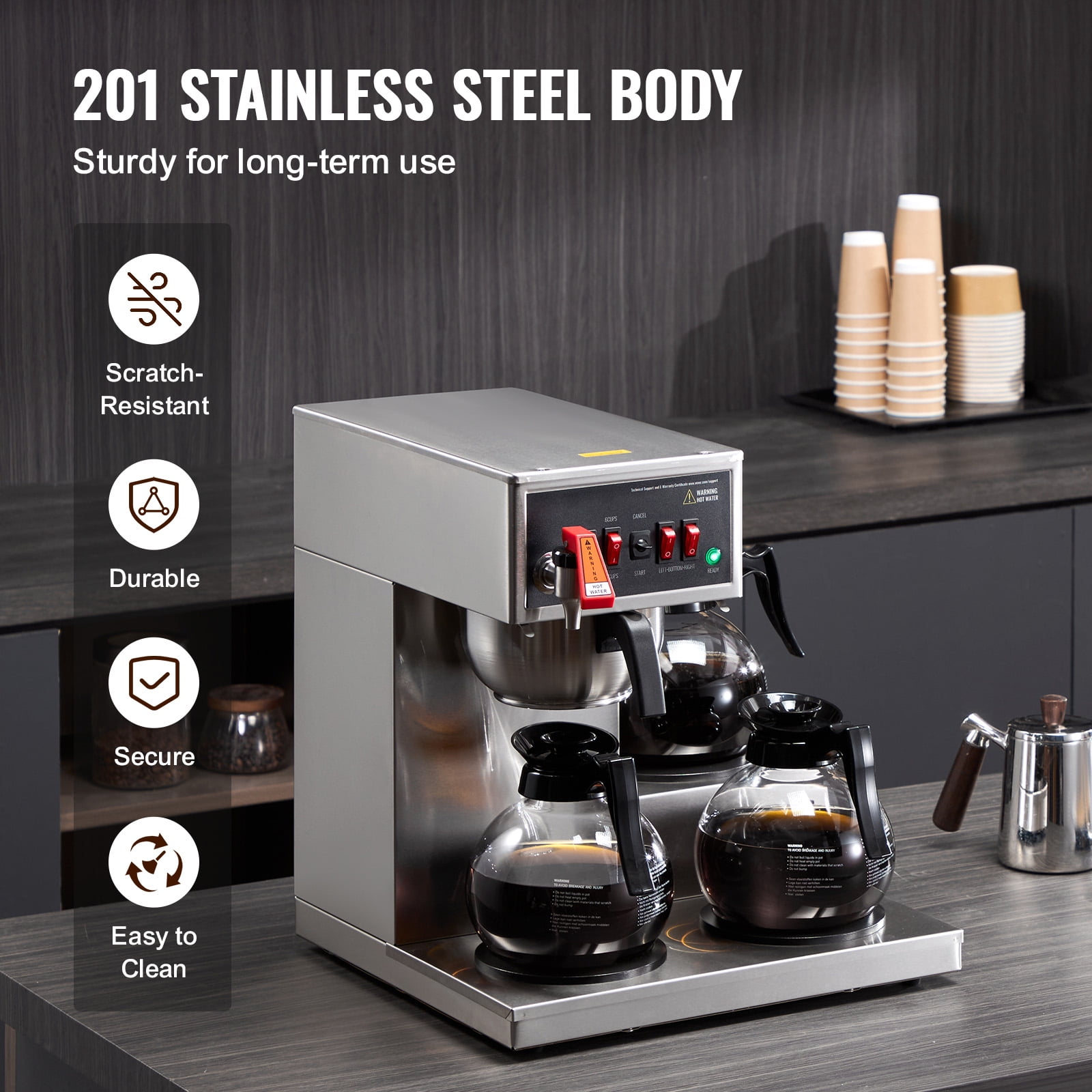 KFFKFF 12-Cup Industrial Coffee Brewer, Coffee Making Device with Trio of Glass Jugs and Trio of Heat-Keeping Bases, Metallic Manual Drip Coffee Maker for Eateries, Workplaces, Coffee Shops