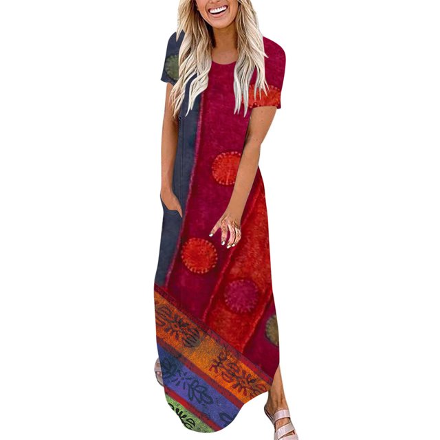 Ovzne Robes Grande Taille pour Femmes Rondes Robe de Plage Mode Décontractée Imprimée Manches Courtes Col Rond Robe à Poches Robe d'Été Manches Courtes Imprimée Liquidation