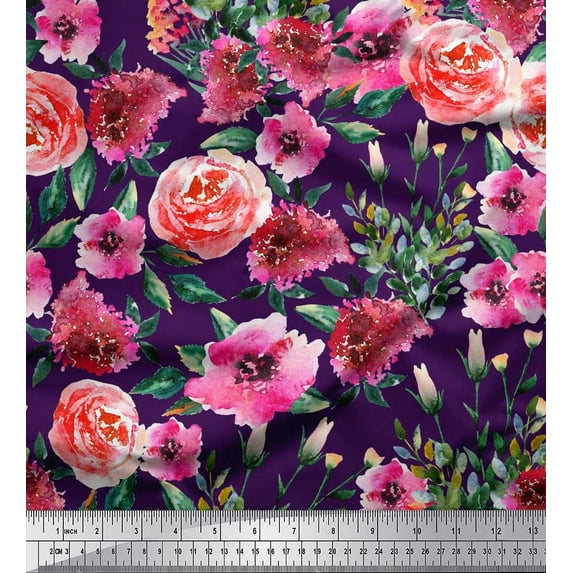 Soimoi Poly Georgette Fabric Leaves & Rose Flower Fabric Prints By Yard 42 Inch Wide