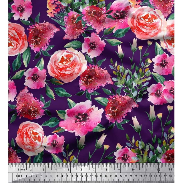 Soimoi Tissu en Soie Imprimé Feuilles & Roses Tissu de Couture Yard 42 Pouces de Large