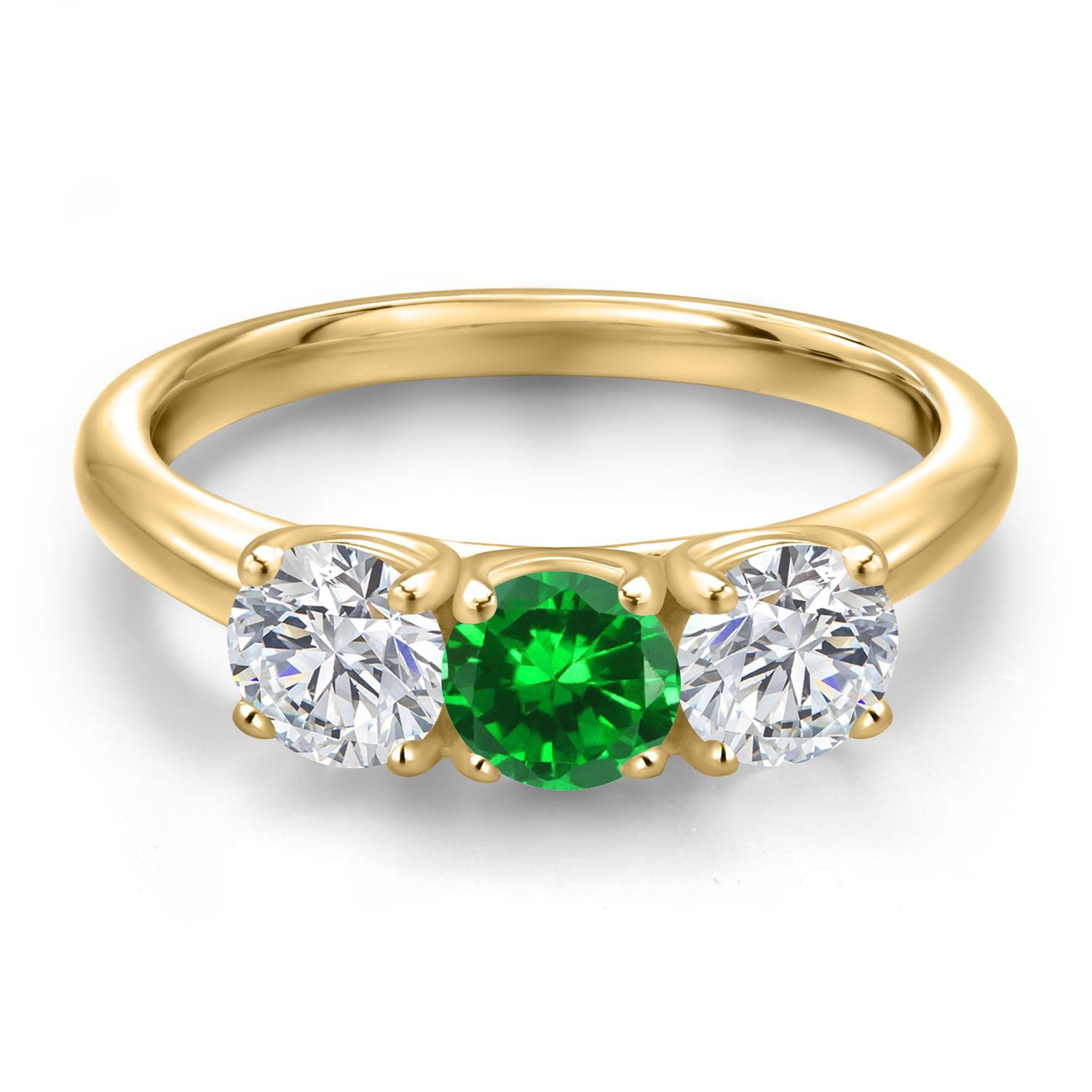 Gem Stone King 18K Yellow Gold Plated Silver Green Created Emerald and Lab Grown Diamond Engagement Ring for Women | 1.84 Cttw | Round 5MM | Gemstone May Birthstone | Size 8