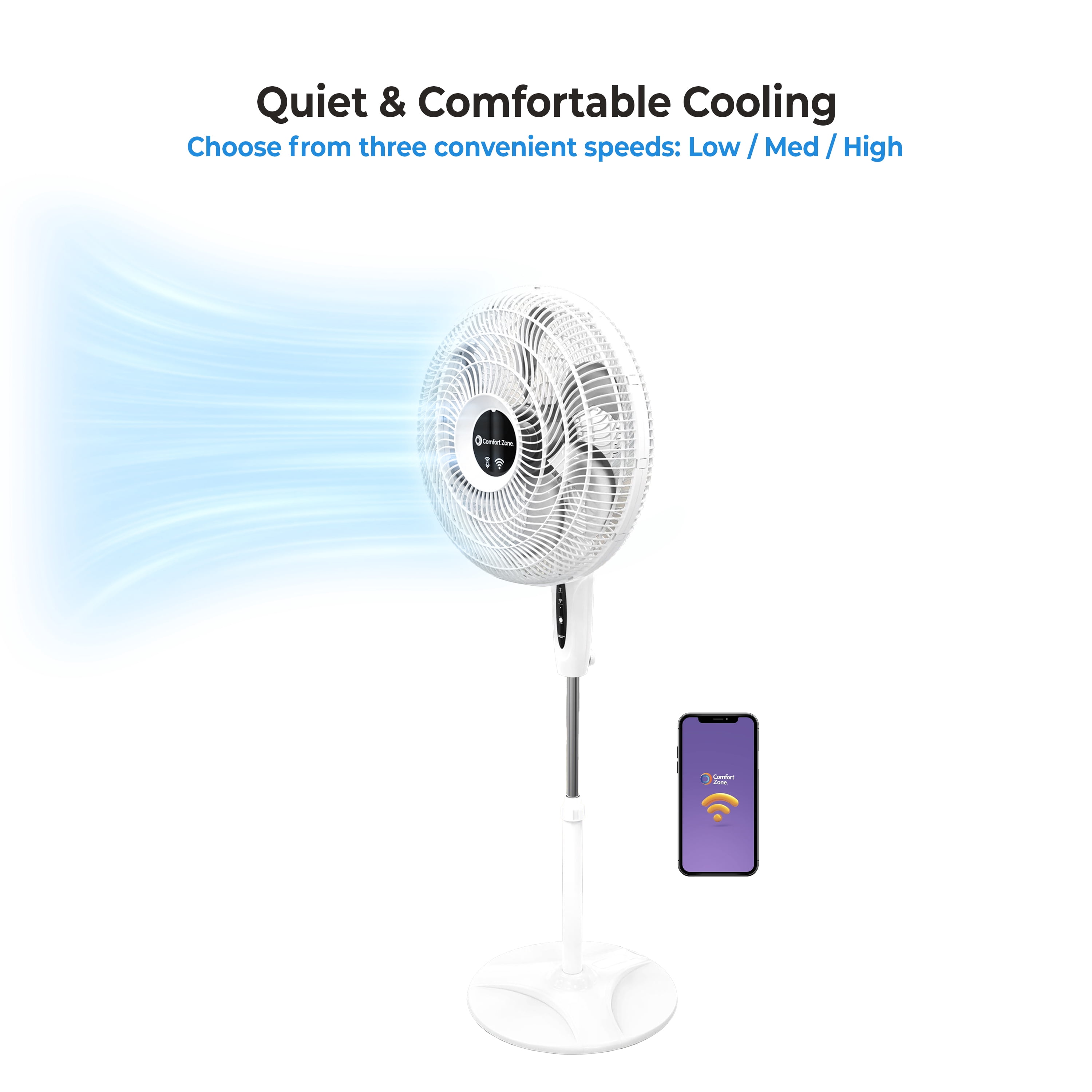 Comfort Zone 18" Smart Wi-Fi Oscillating Stand Fan, White