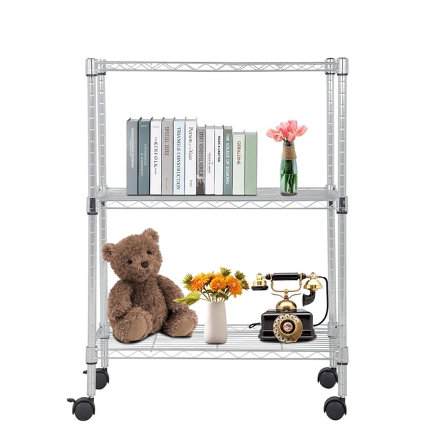 Bestoffice Étagère de Rangement à 3 Niveaux, Réglable en Fil Métallique, Robuste et Équipée de Roulettes, Idéale pour les Petits Espaces (Cuisine, Garage, Balcon), Finition Chromée.