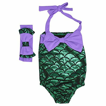 Girls Mermaid Scale Bathing Suit and Headband (Purple, 5/L)