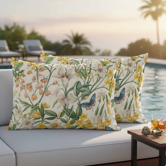 Yellow White Floral Outdoor Pillow Covers 20x12 Inch Lumbar Pillow Covers Set of 2 Waterproof Decorative Throw Pillow Cases Spring Farmhouse Botanical Flowers Cushion Covers for Patio Furniture