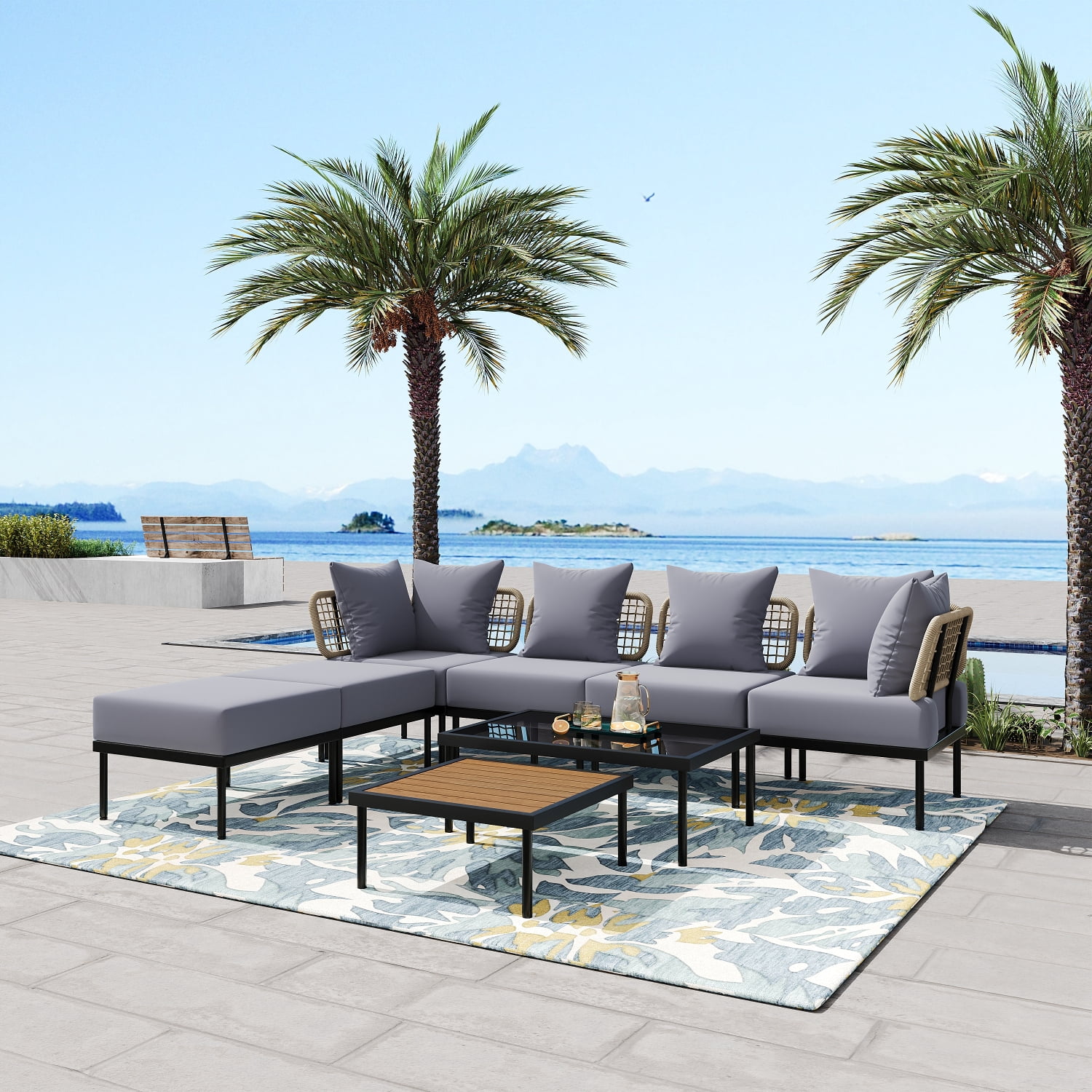 Harper & Bright Designs Outdoor Metal Conversation Furniture Set, 8 Pieces Patio L Shaped Sectional Sofa Set with Glass Coffee Table and Wooden Coffee Table for Garden Backyard, Light Gray