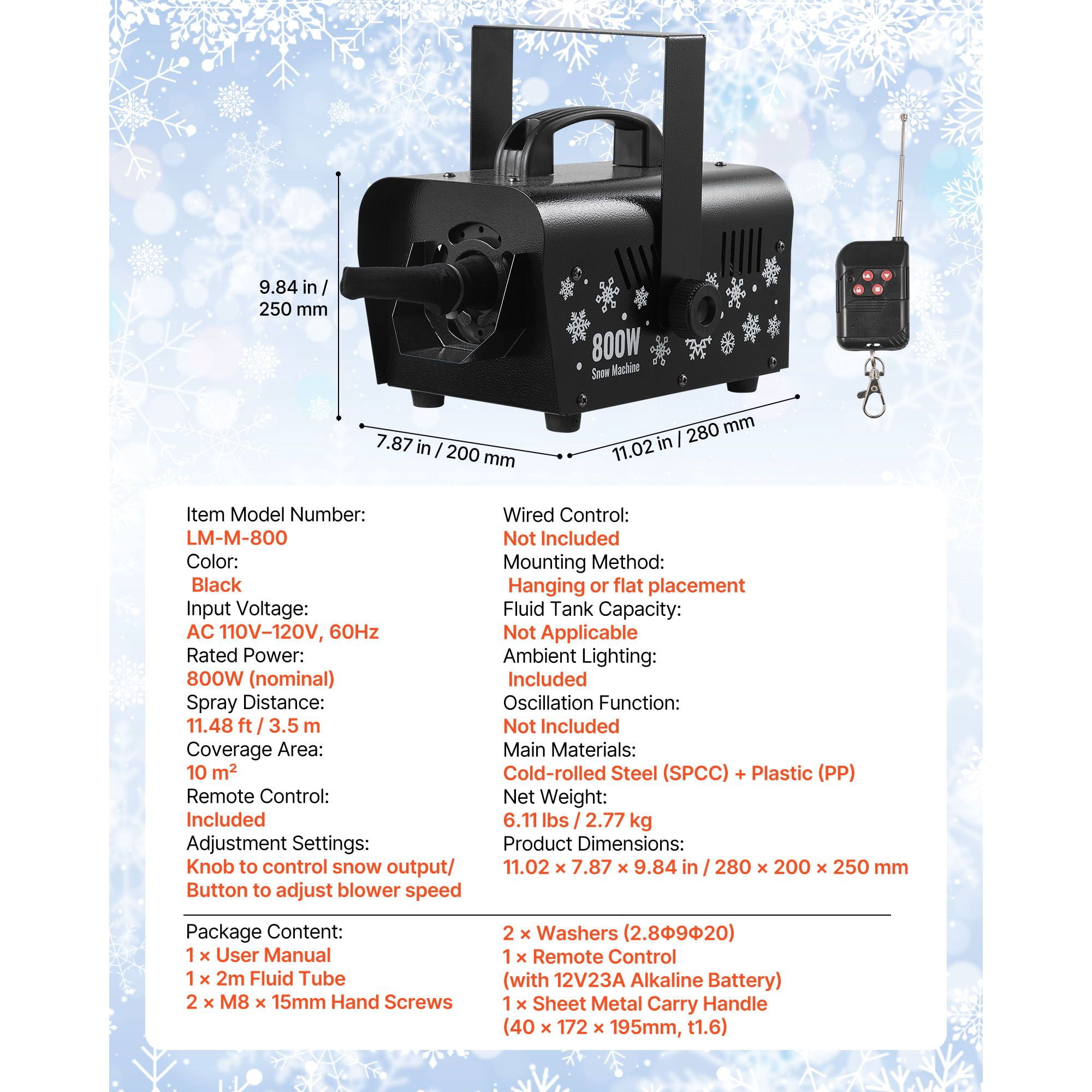 Snow Machine, 800W Handheld/Hanging Snow Maker, Portable Wireless Remote Snowmaking machine with 1L Tank & Handle, Outdoor & Indoor Snowflake Maker for Christmas Party Stage Effect