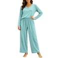 thumbnail image 4 of Women's V-Neck Loungewear Two Piece Set Loose Long Sleeve Top and Straight Leg Full Length Pants Soft Breathable Casual Pajama Set Mint Green, 4 of 7