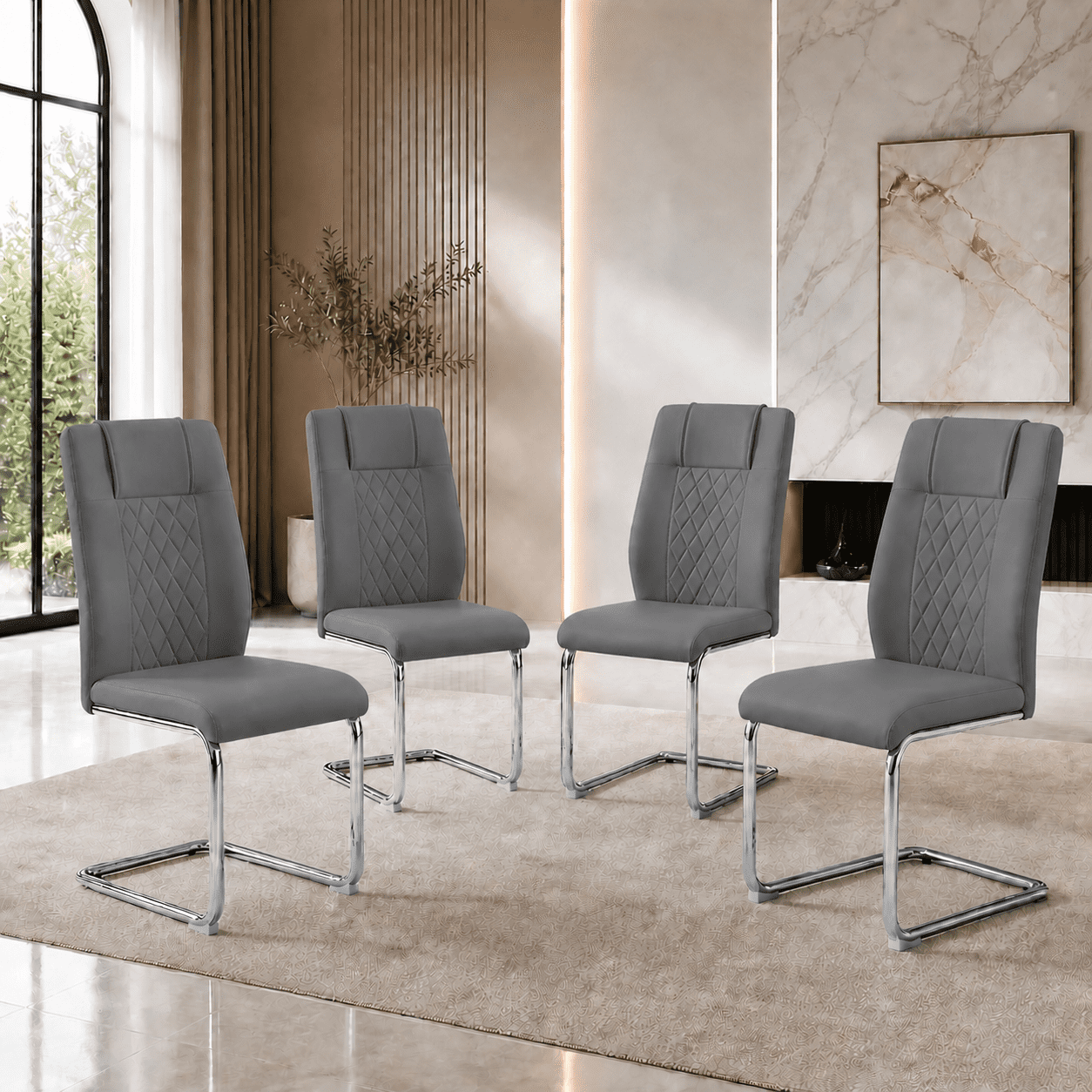 JUFU Modern Gray Dining Chairs Set of 4, Faux Leather High Back with Chrome Legs