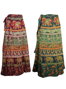 Mogul 2 Pcs Cotton Maxi Long Skirt Animal Print Wrap Around Sarong Gypsy Skirts