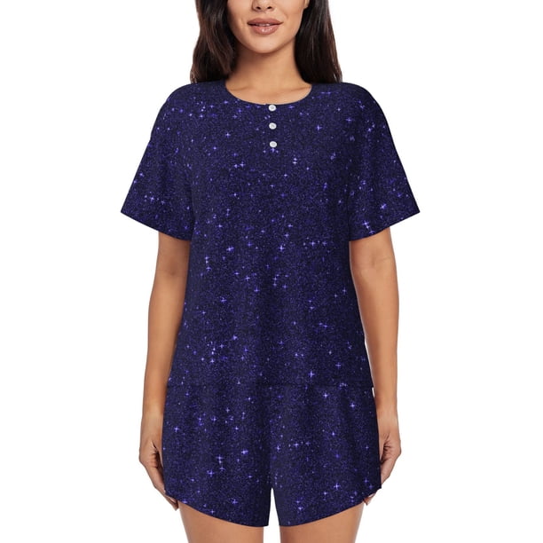 Balery Glittering Purple Starfield Conjunto de Pijama para Mujer con Estampado, Dos Piezas de Manga Corta y Shorts, Ropa de Dormir Suave con Cuello Redondo y Bolsillos-XX-Large