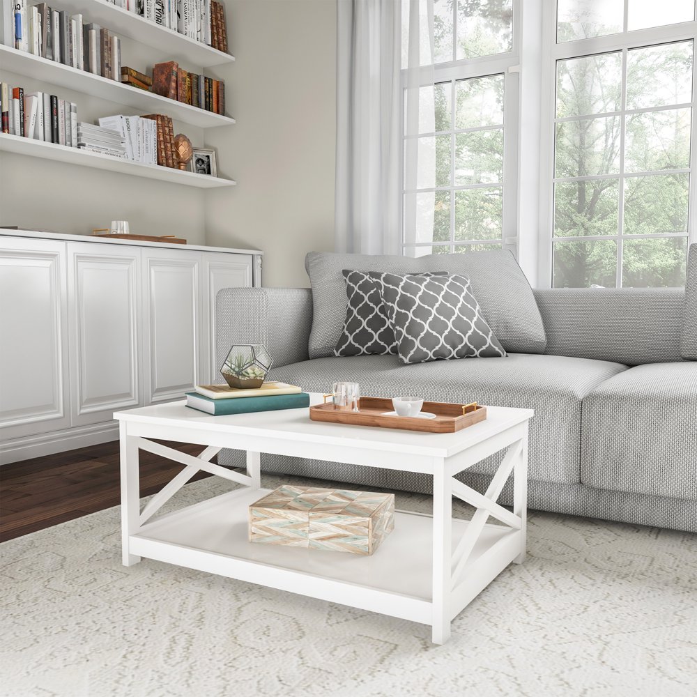 Coffee Table White Wood, Low Profile & XLeg Design 2 Tier Modern Sofa Table, Living Room