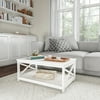 Coffee Table- White Wood, Low Profile & X-Leg Design- 2 Tier Modern Sofa Table, Living Room Furniture, Storage, Display or TV Stand by Lavish Home