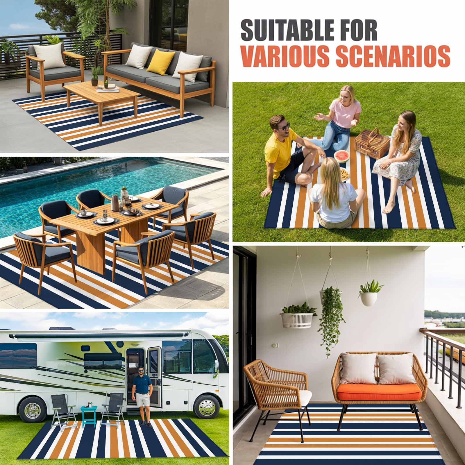 Orange Navy Blue Striped Outdoor Rug for Patio/Deck/Porch, Non-Slip Large Area Rug 5 x 7 Ft, Modern Minimalist Ombre Lines Indoor Outdoor Rugs Washable Area Rugs, Reversible Camping Rug Carpet Runner