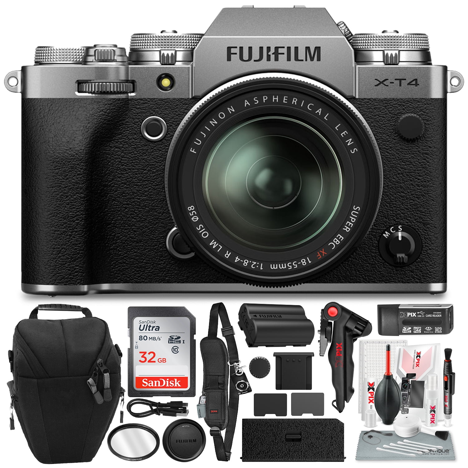 FUJIFILM XT4 Mirrorless Digital Camera (Silver) with 32GB Memory Card