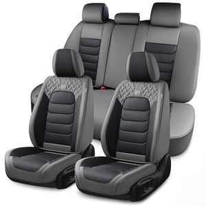 FLORICH Full Set Leather Car Seat Covers, Waterproof Black & Gray