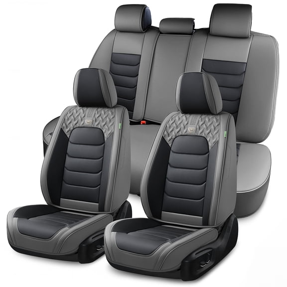 FLORICH Full Set Car Seat Covers, Waterproof Faux Leather Seat Protectors, Comfortable Auto Interior Cushions Fit for Most Cars SUV Trucks, Black & Gray