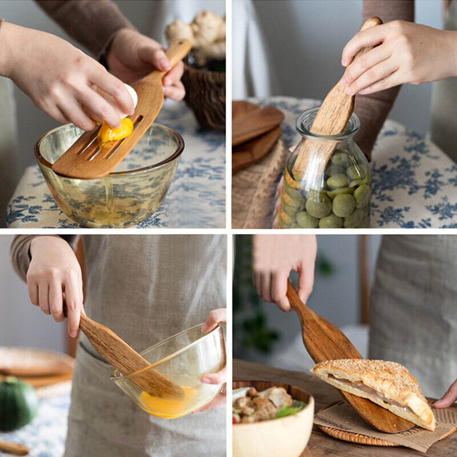 Wood Kitchen Spatula Set, 4pcs Natural Teak Wooden Spoons Non Stick Cookware Utensil Set for Cooking
