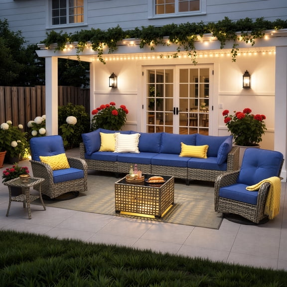 Ovios 8 Pieces Patio Furniture Outdoor Conversation Set Rattan Wicker Outside Sectional Sofa with Swivel Chairs & Solar Light Table, Navy Blue