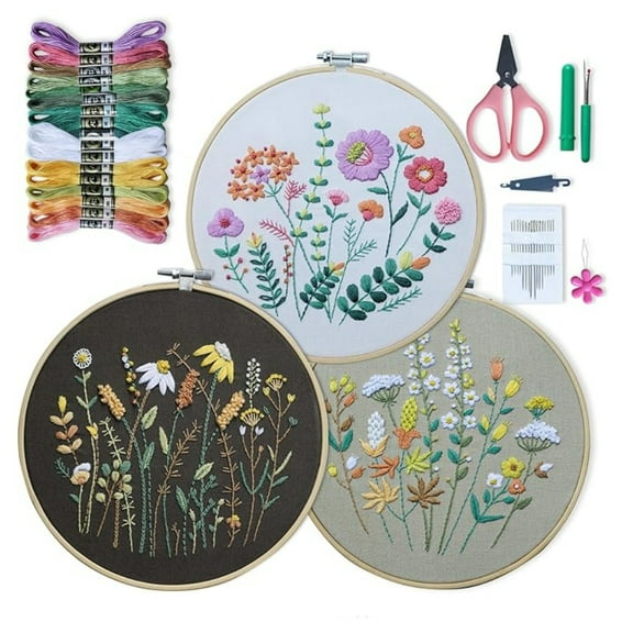 3 Pack Beginner Embroidery Kits for Adults, DIY Starter Set with Stamped Flower Designs, Embroidery Hoop, Colorful Threads, Tools, Step-by-Step Instructions