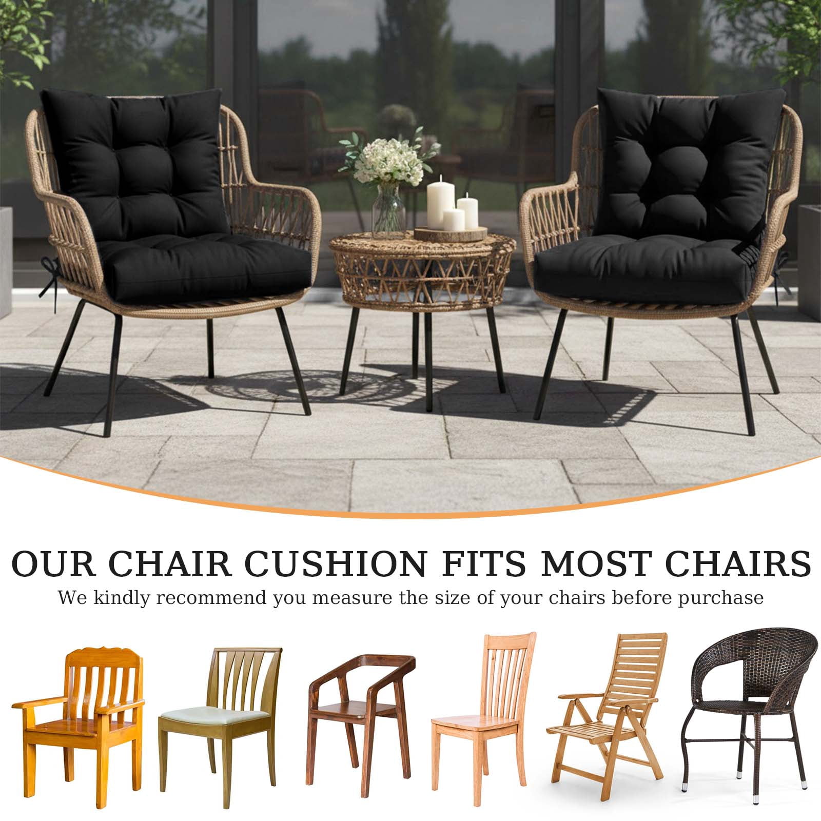 Eurhowing Waterproof Patio Rocking Chair Cushions 1-Piece, 3" Thick Outdoor Chair Cushion with Ties, Non-Slip Seat Pad for Garden Lawn Furniture, 2Pack, Black