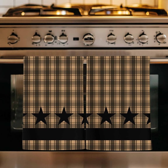 Brown Black Plaid Kitchen Towels Set of 2, Vintage Rustic Star Buffalo Check Absorbent Dish Towels for Kitchen, Microfiber Hand Towel, Quick Drying Tea Towel for Cleaning Decorative Dishcloths