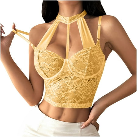 Oplxuo Sexy Corset Tops for Women Floral Lace Sheer Mesh Halter Strappy Cropped Vest Going Out Party Club Shirts
