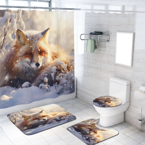 Cute Fox 4 Pcs Shower Curtain Set Wild Animal Lie in Snow Field Tree Snowflake Waterproof Fabric Cloth Bath Curtain, Non-Slip Bathroom Rugs Bath Mats, 72x72 Inch
