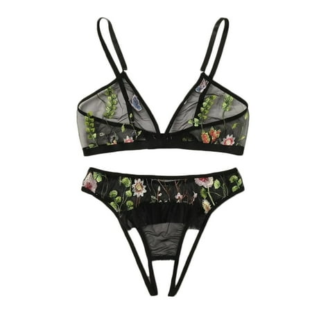 

Tangnade Ladies casual underwear bra Women Underwear Embroidery Lace Open Crotch G-String Lingerie Bra + Thong Set Black L